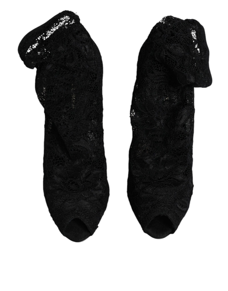 Dolce & Gabbana Black Lace Stretch Heels Mid Calf Boots