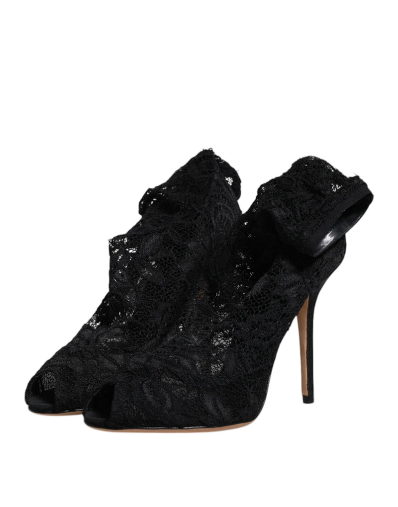Dolce & Gabbana Black Lace Stretch Heels Mid Calf Boots