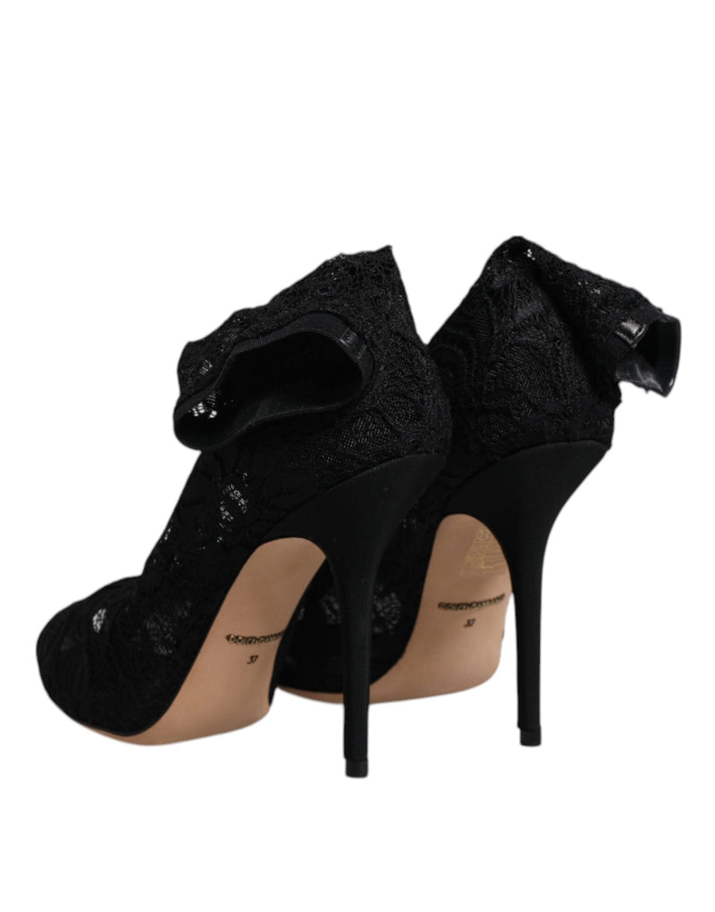Dolce & Gabbana Black Lace Stretch Heels Mid Calf Boots