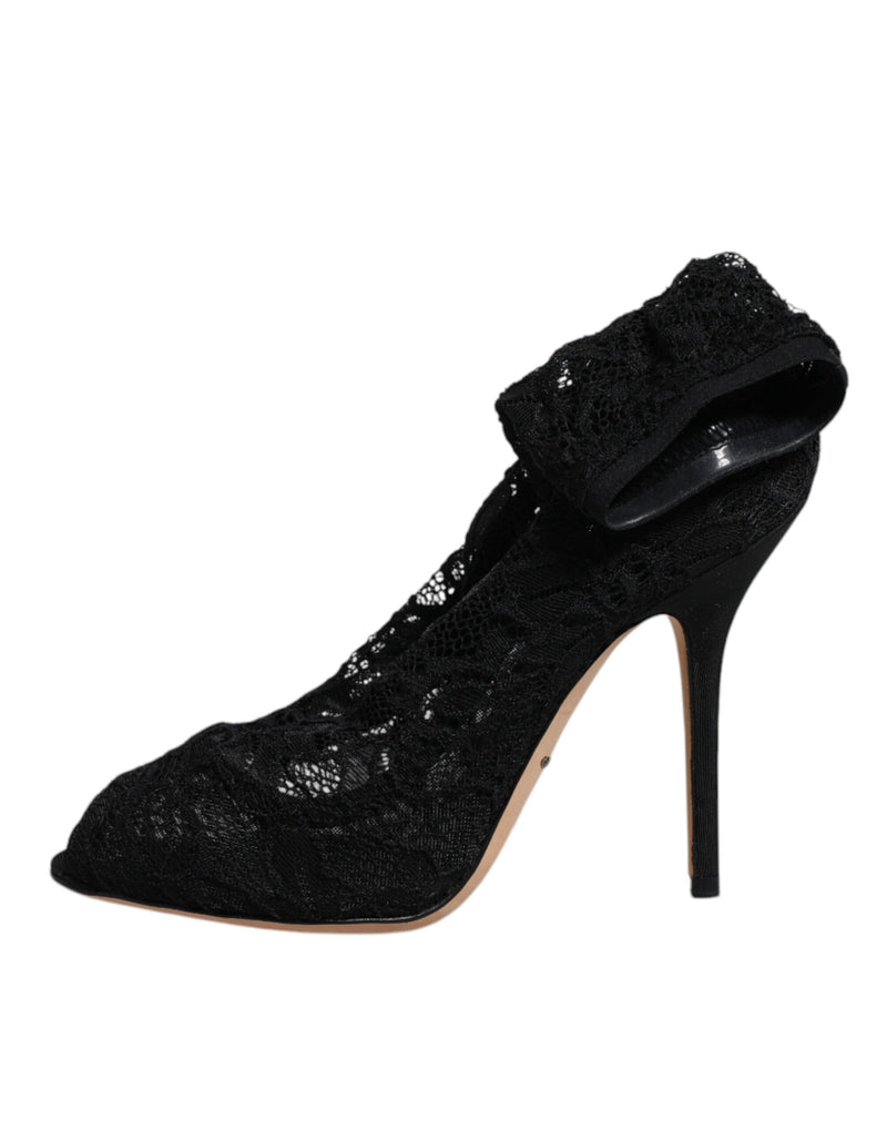 Dolce & Gabbana Black Lace Stretch Heels Mid Calf Boots