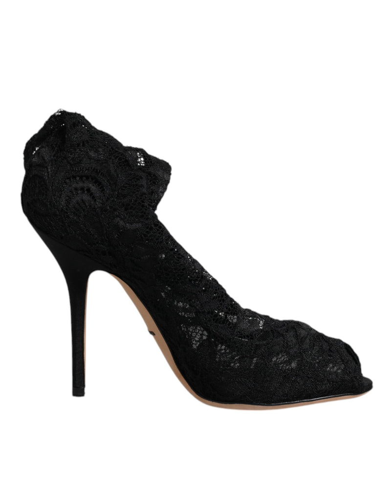 Dolce & Gabbana Black Lace Stretch Heels Mid Calf Boots