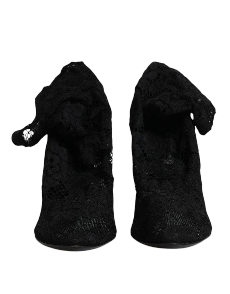 Dolce & Gabbana Black Lace Stretch Heels Mid Calf Boots
