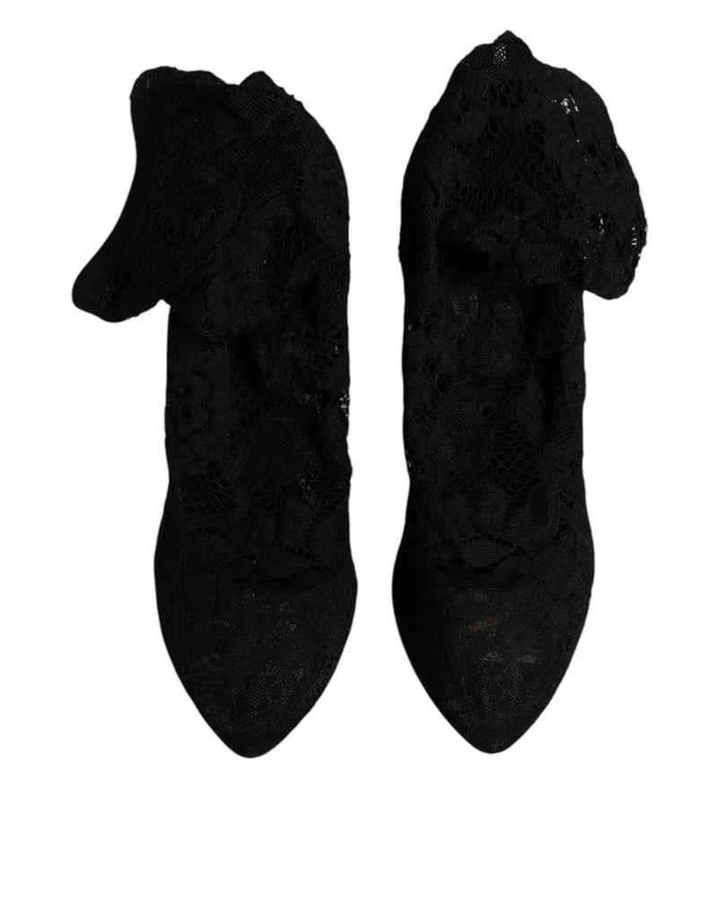 Dolce & Gabbana Black Lace Stretch Heels Mid Calf Boots