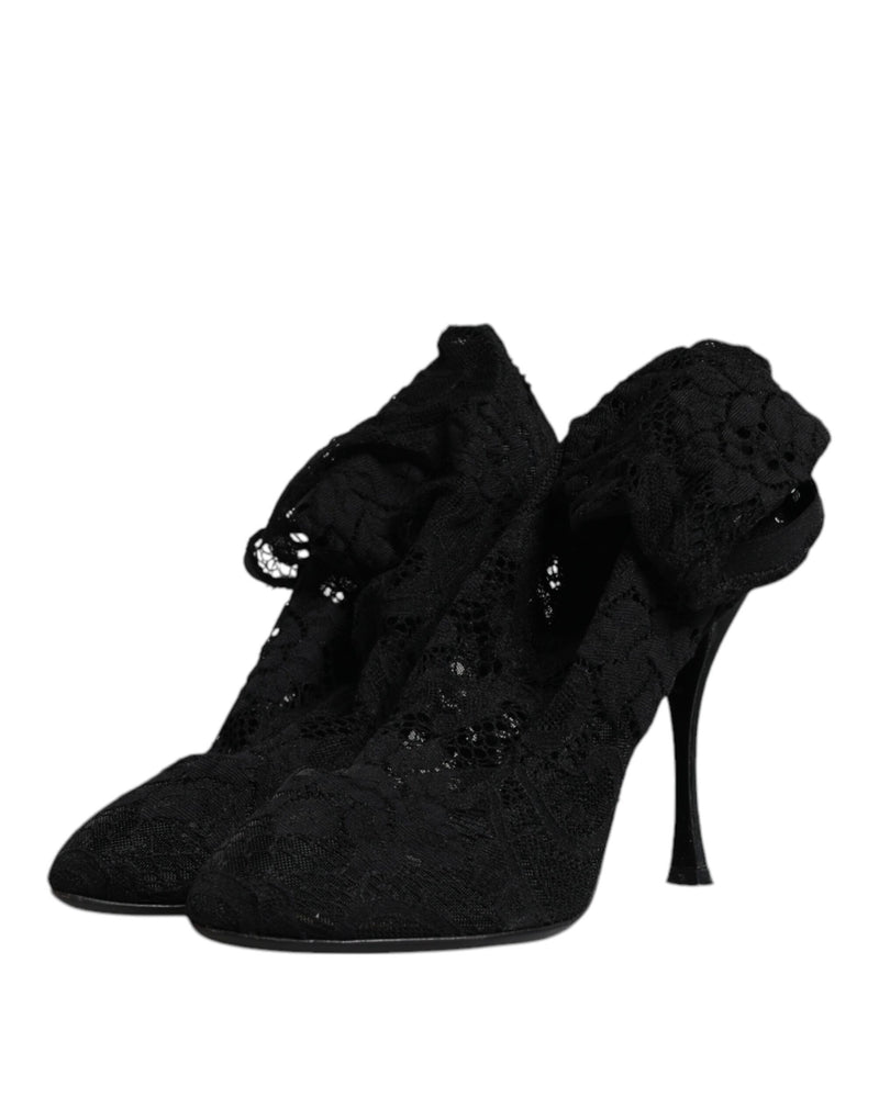 Dolce & Gabbana Black Lace Stretch Heels Mid Calf Boots