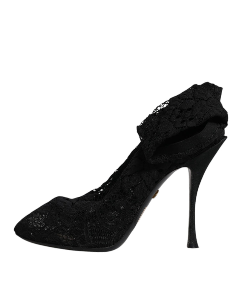 Dolce & Gabbana Black Lace Stretch Heels Mid Calf Boots