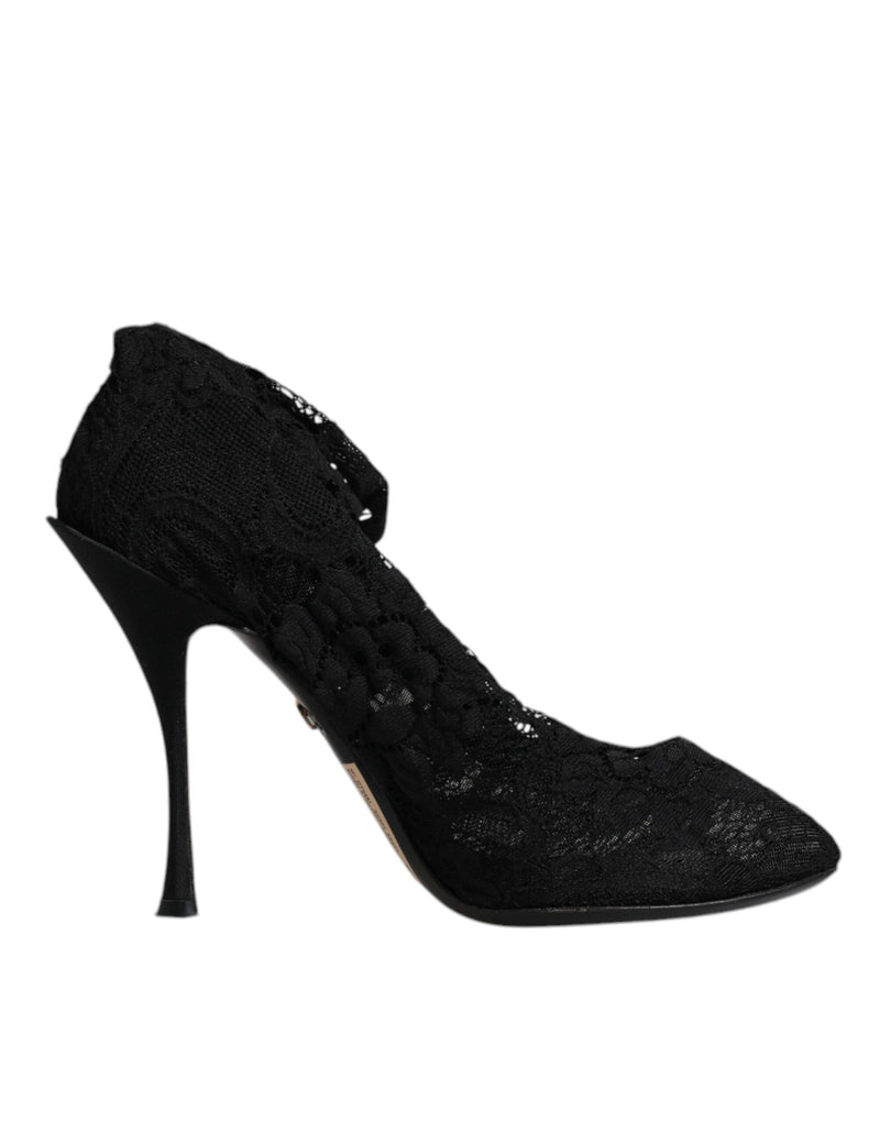 Dolce & Gabbana Black Lace Stretch Heels Mid Calf Boots