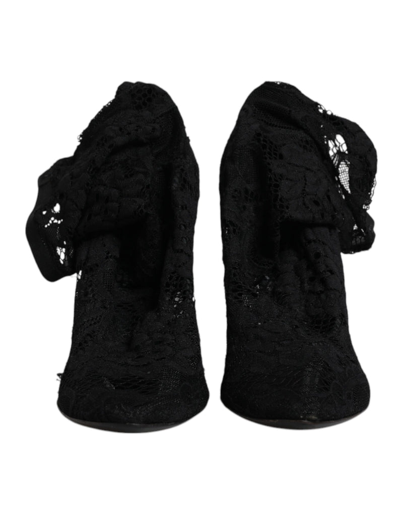 Dolce & Gabbana Black Lace Stretch Heels Mid Calf Boots
