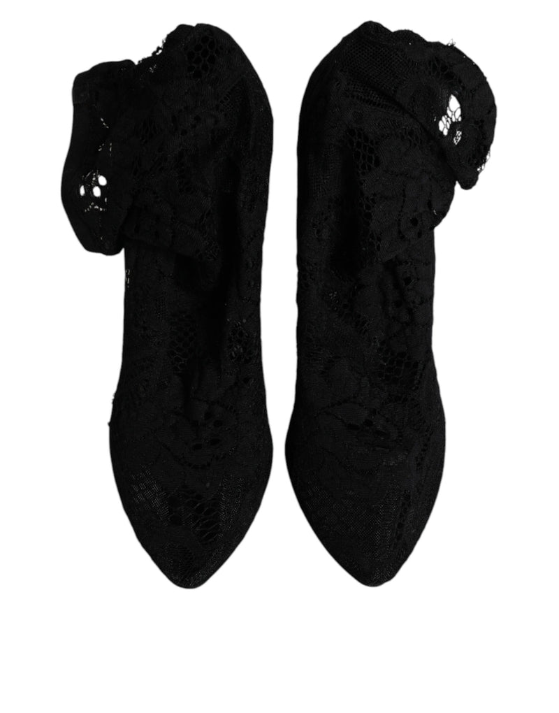 Dolce & Gabbana Black Lace Stretch Heels Mid Calf Boots