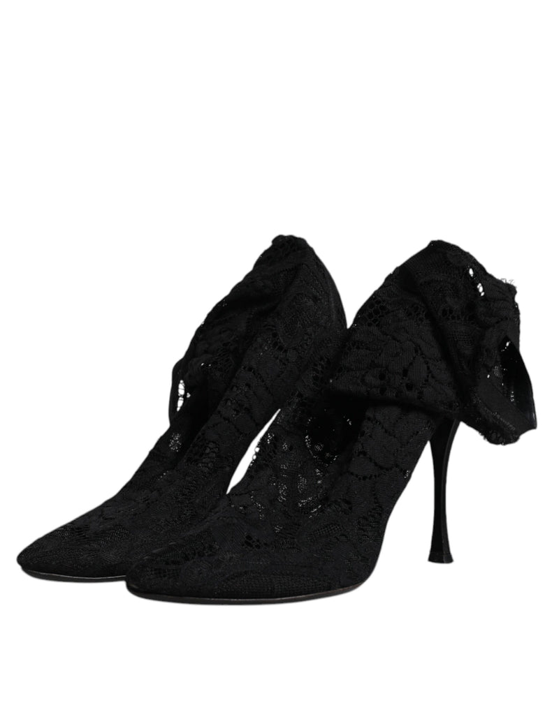 Dolce & Gabbana Black Lace Stretch Heels Mid Calf Boots
