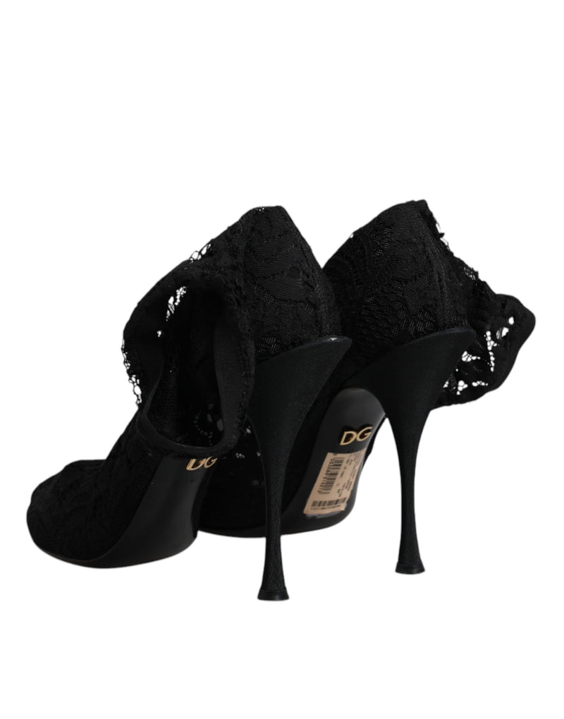 Dolce & Gabbana Black Lace Stretch Heels Mid Calf Boots