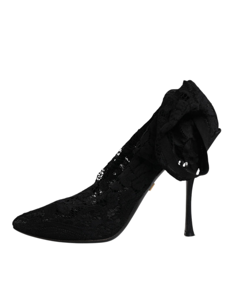 Dolce & Gabbana Black Lace Stretch Heels Mid Calf Boots