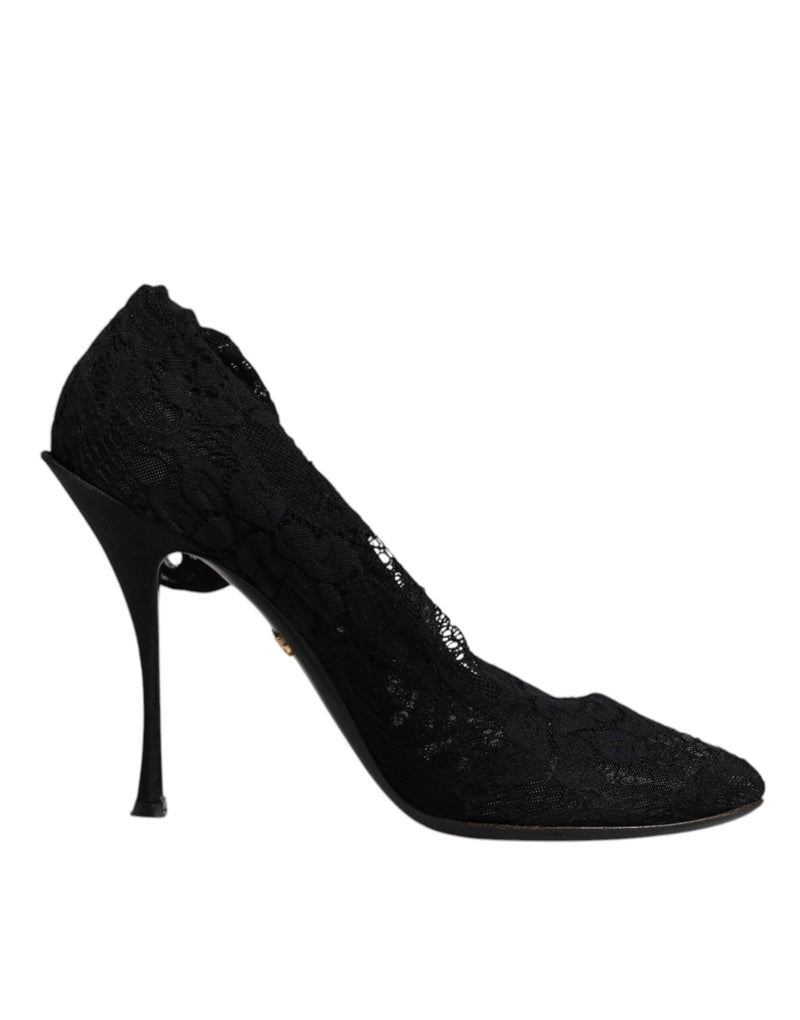 Dolce & Gabbana Black Lace Stretch Heels Mid Calf Boots