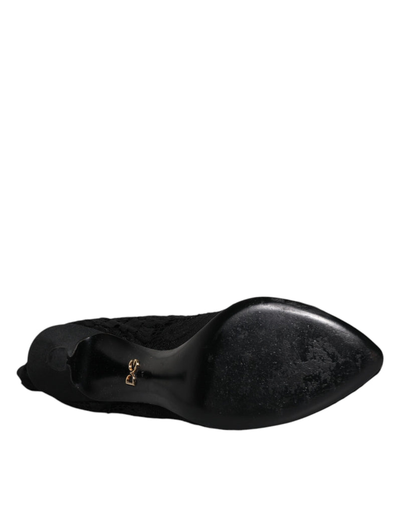Dolce & Gabbana Black Lace Stretch Heels Mid Calf Boots