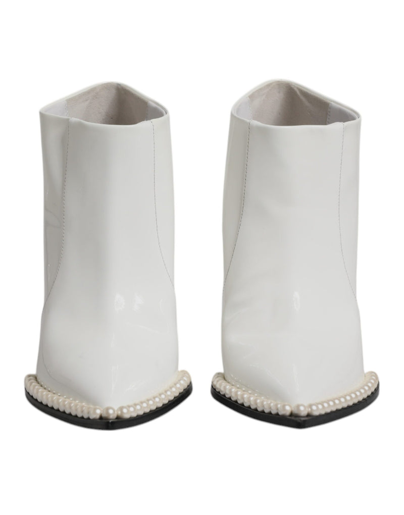 Dolce & Gabbana White Faux Pearl Leather Pointed Toe Ankle Boots