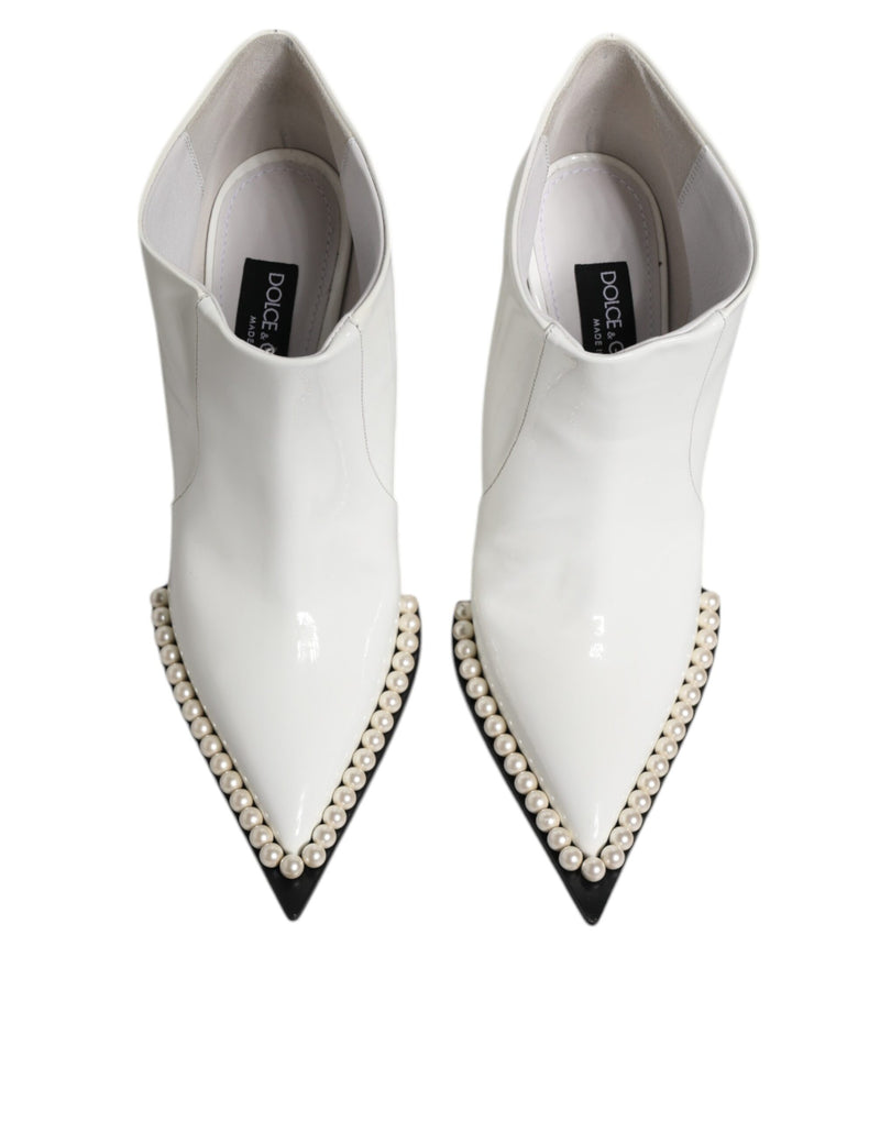 Dolce & Gabbana White Faux Pearl Leather Pointed Toe Ankle Boots