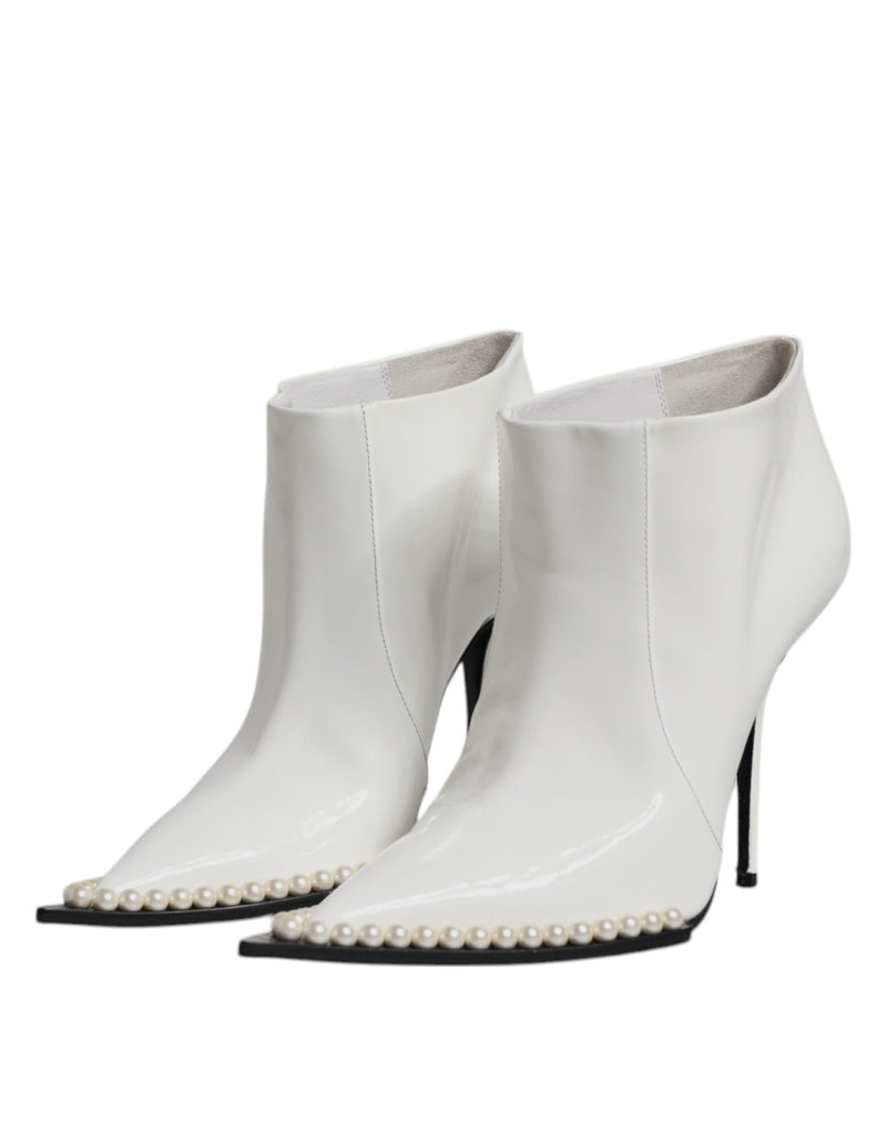 Dolce & Gabbana White Faux Pearl Leather Pointed Toe Ankle Boots