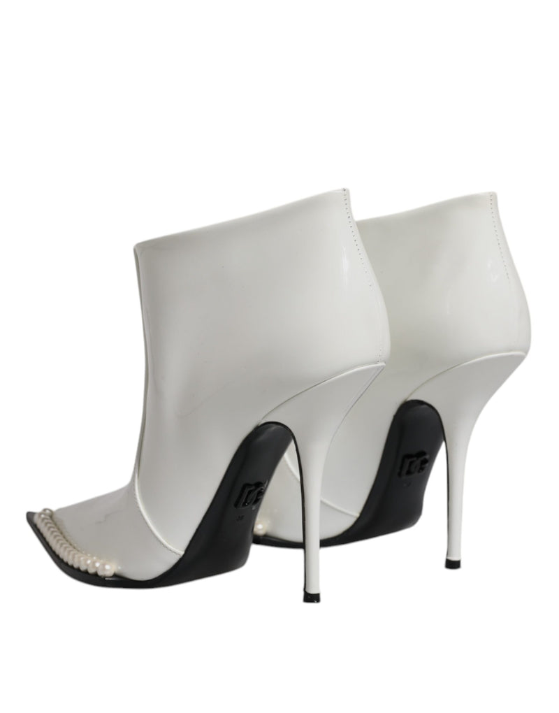 Dolce & Gabbana White Faux Pearl Leather Pointed Toe Ankle Boots