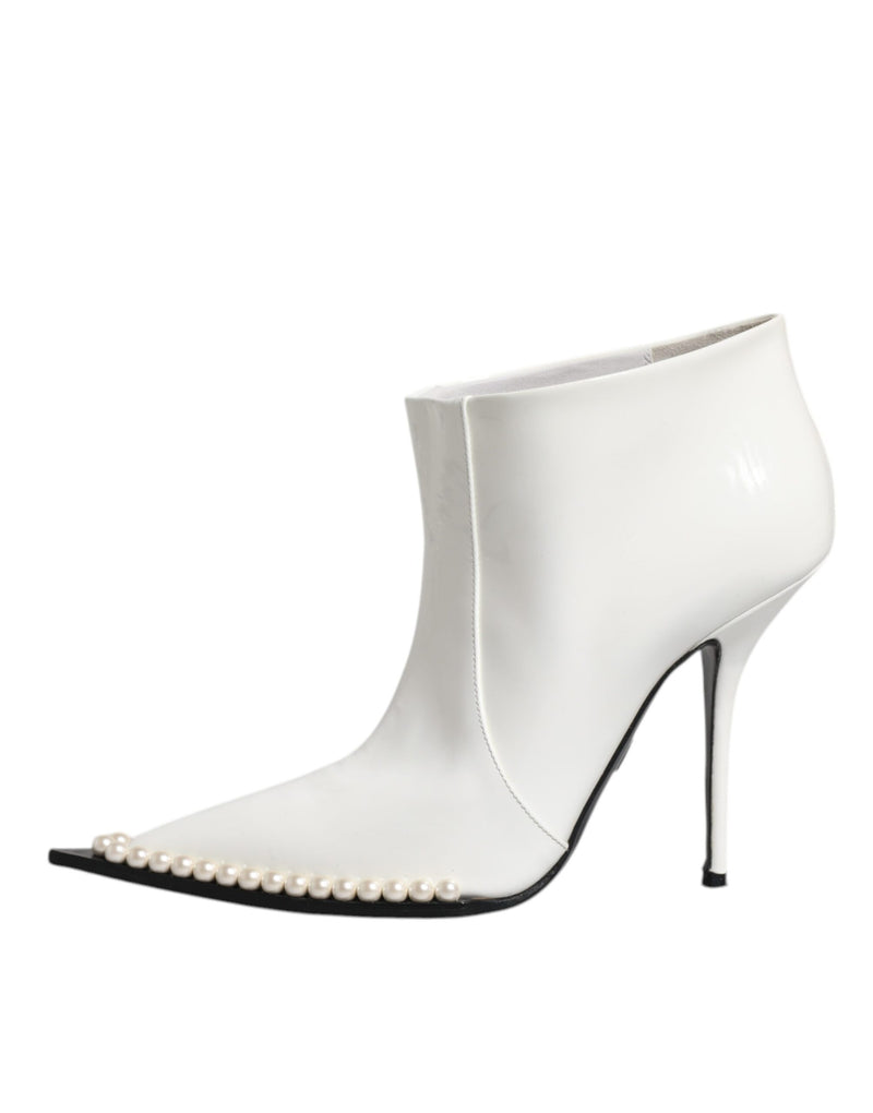 Dolce & Gabbana White Faux Pearl Leather Pointed Toe Ankle Boots