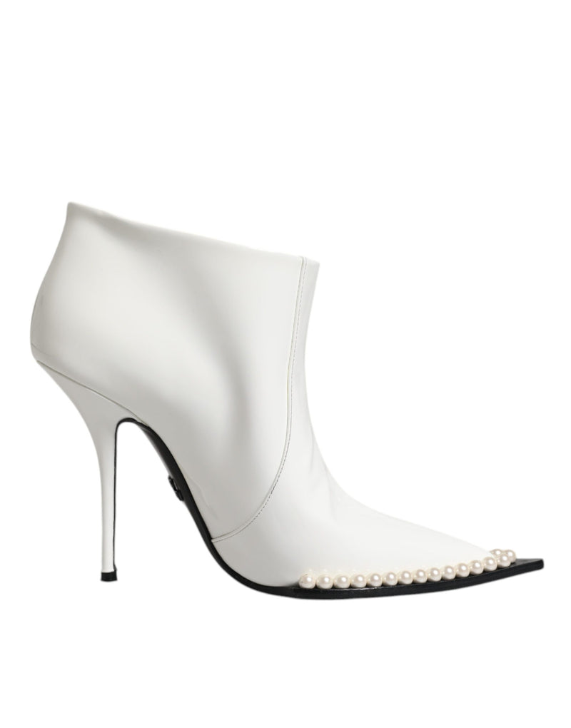 Dolce & Gabbana White Faux Pearl Leather Pointed Toe Ankle Boots