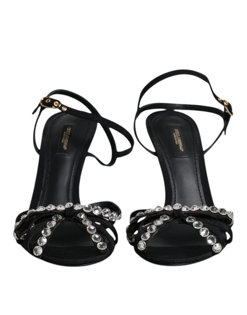 Dolce & Gabbana Black Leather Crystal Bow KEIRA Sandals