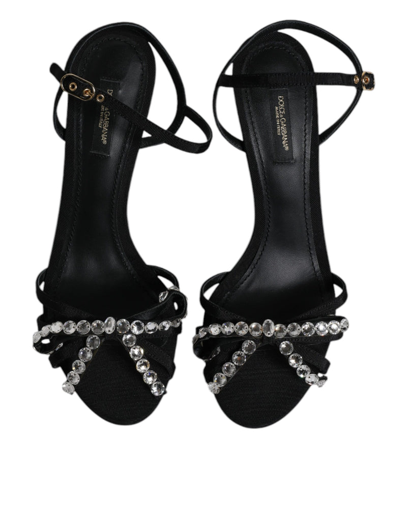 Dolce & Gabbana Black Leather Crystal Bow KEIRA Sandals