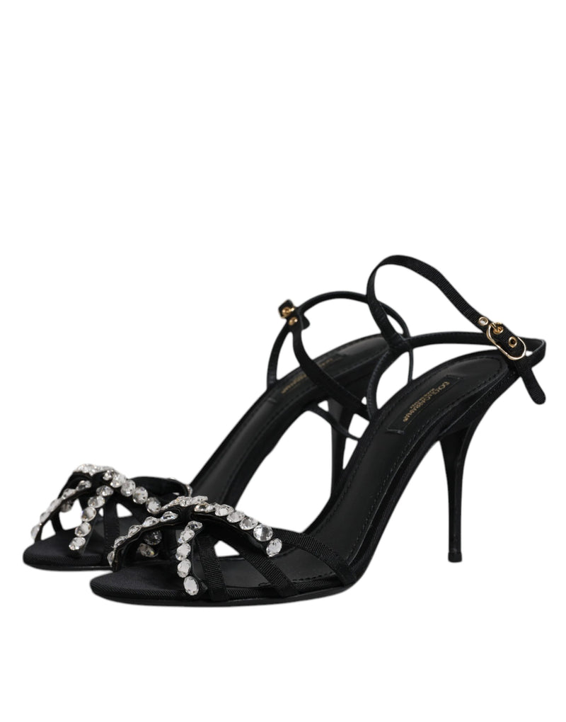 Dolce & Gabbana Black Leather Crystal Bow KEIRA Sandals