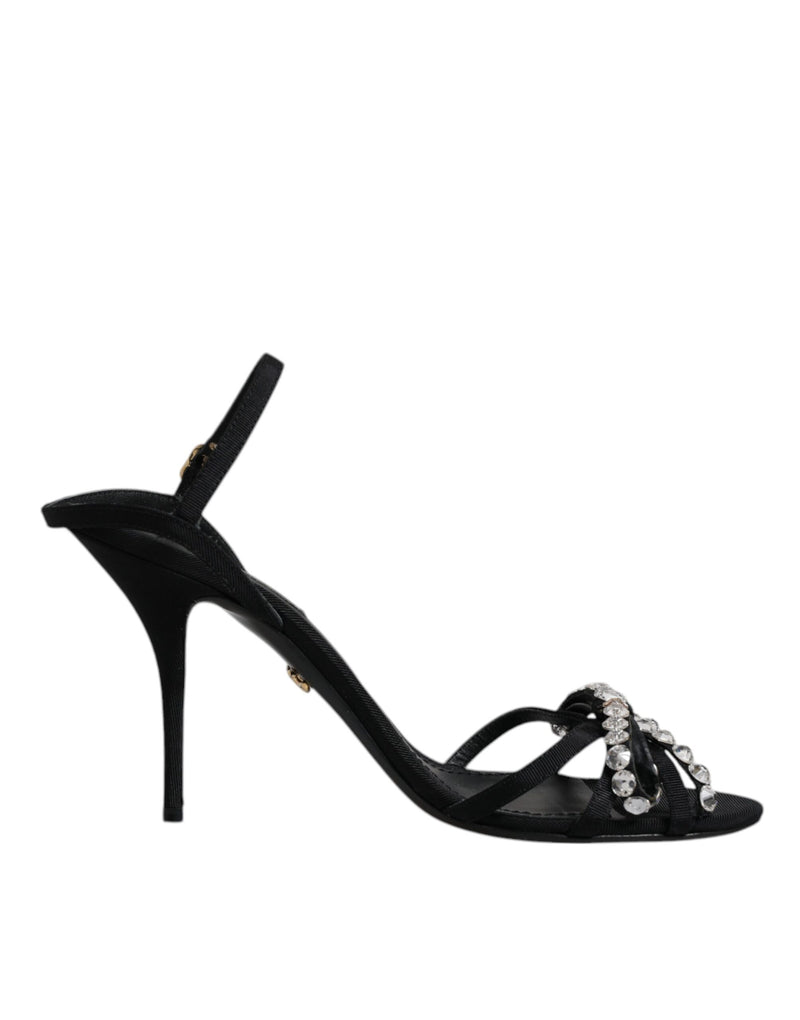 Dolce & Gabbana Black Leather Crystal Bow KEIRA Sandals