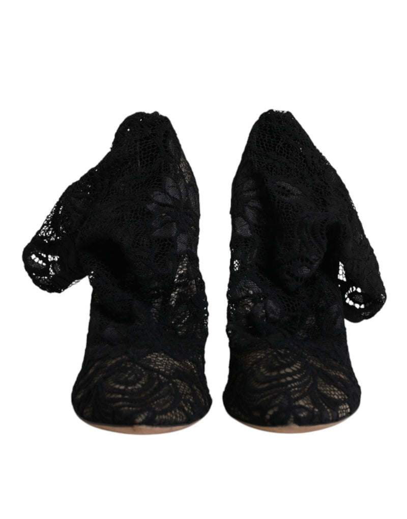 Dolce & Gabbana Black Lace Stretch Heels Mid Calf Boots