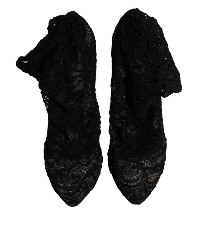 Dolce & Gabbana Black Lace Stretch Heels Mid Calf Boots