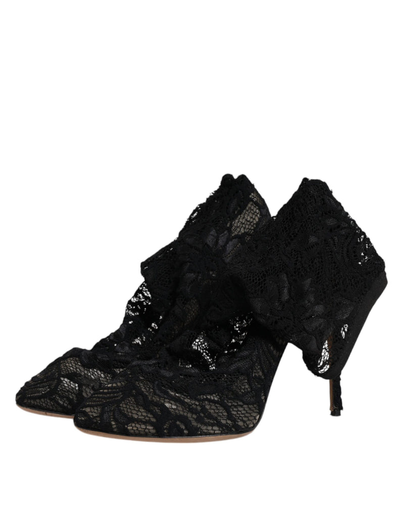 Dolce & Gabbana Black Lace Stretch Heels Mid Calf Boots