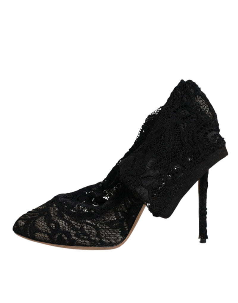 Dolce & Gabbana Black Lace Stretch Heels Mid Calf Boots