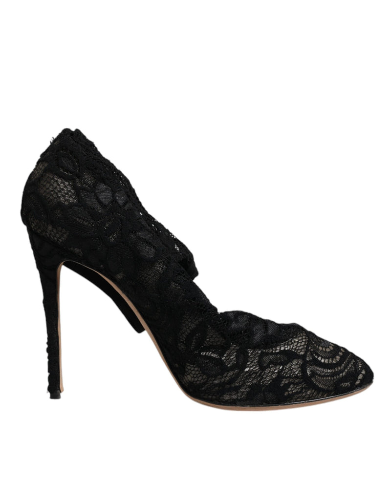 Dolce & Gabbana Black Lace Stretch Heels Mid Calf Boots