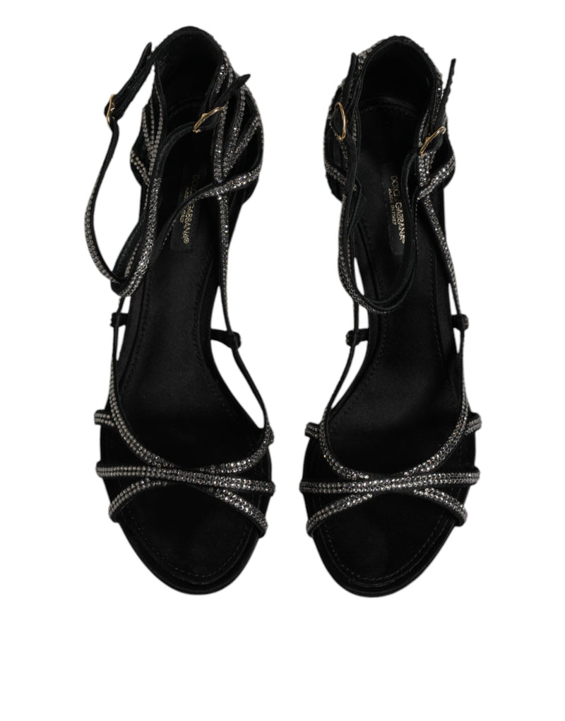 Dolce & Gabbana Black Strass Ankle Strap Heels Sandals