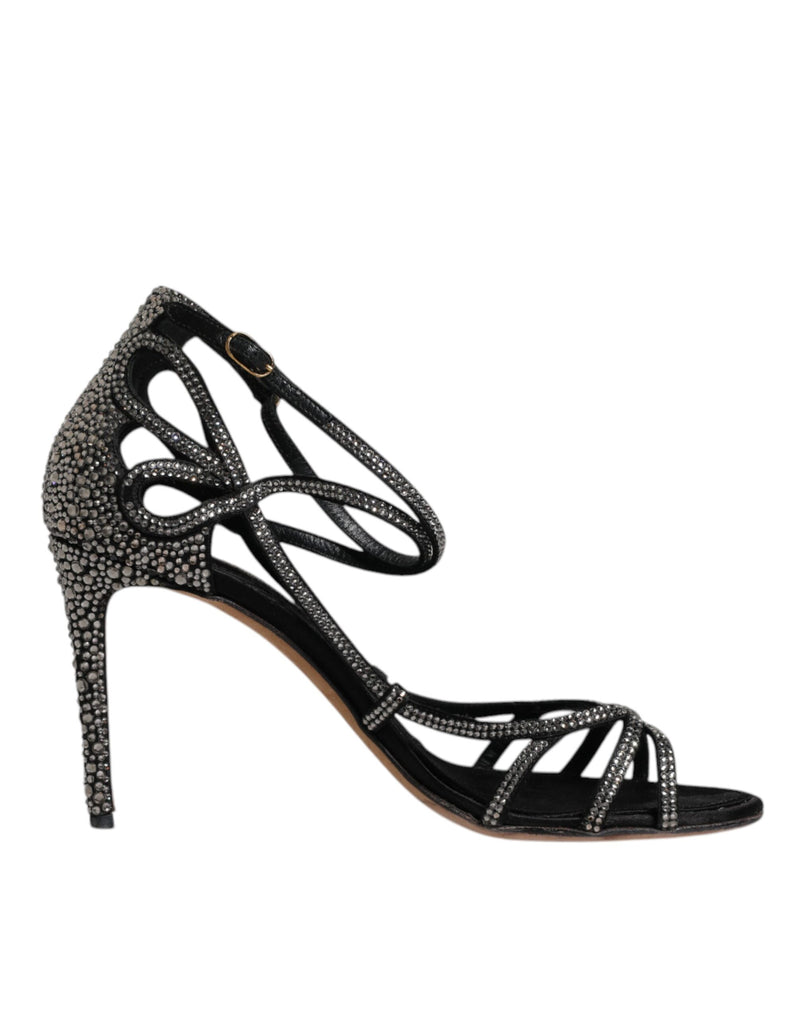 Dolce & Gabbana Black Strass Ankle Strap Heels Sandals