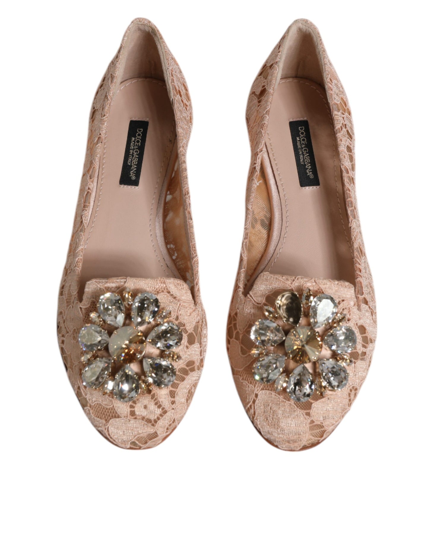 Dolce & Gabbana beige leren balletflats met kristallen en kant.