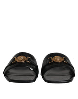 Versace Black Leather Logo Plaque Slip-On Slides Flats Shoes