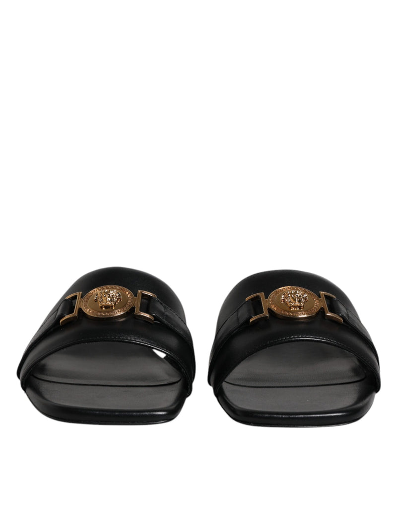 Versace Black Leather Logo Plaque Slip-On Slides Flats Shoes