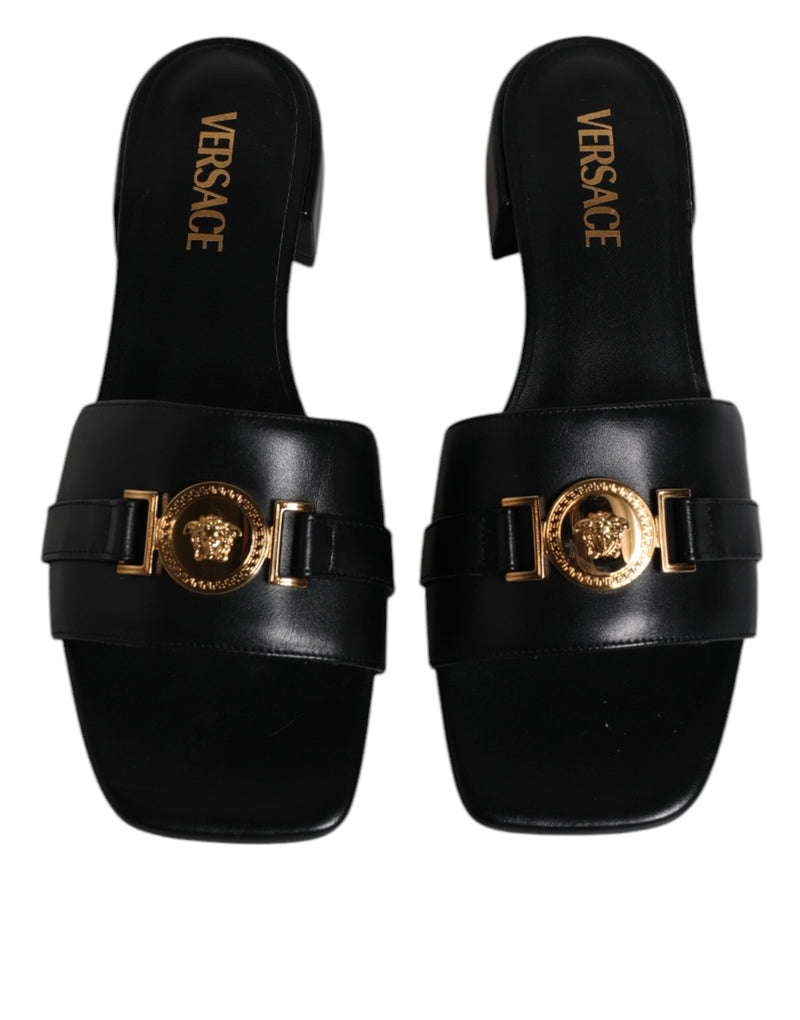 Versace Black Leather Logo Plaque Slip-On Slides Flats Shoes