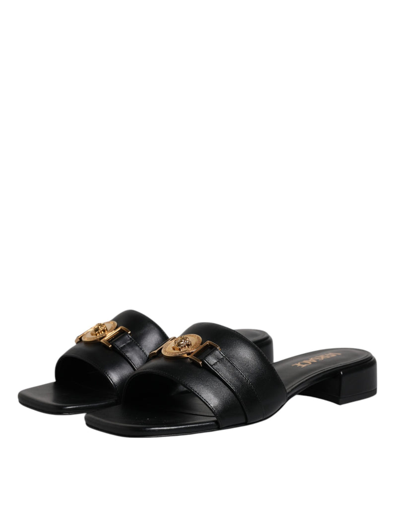 Versace Black Leather Logo Plaque Slip-On Slides Flats Shoes