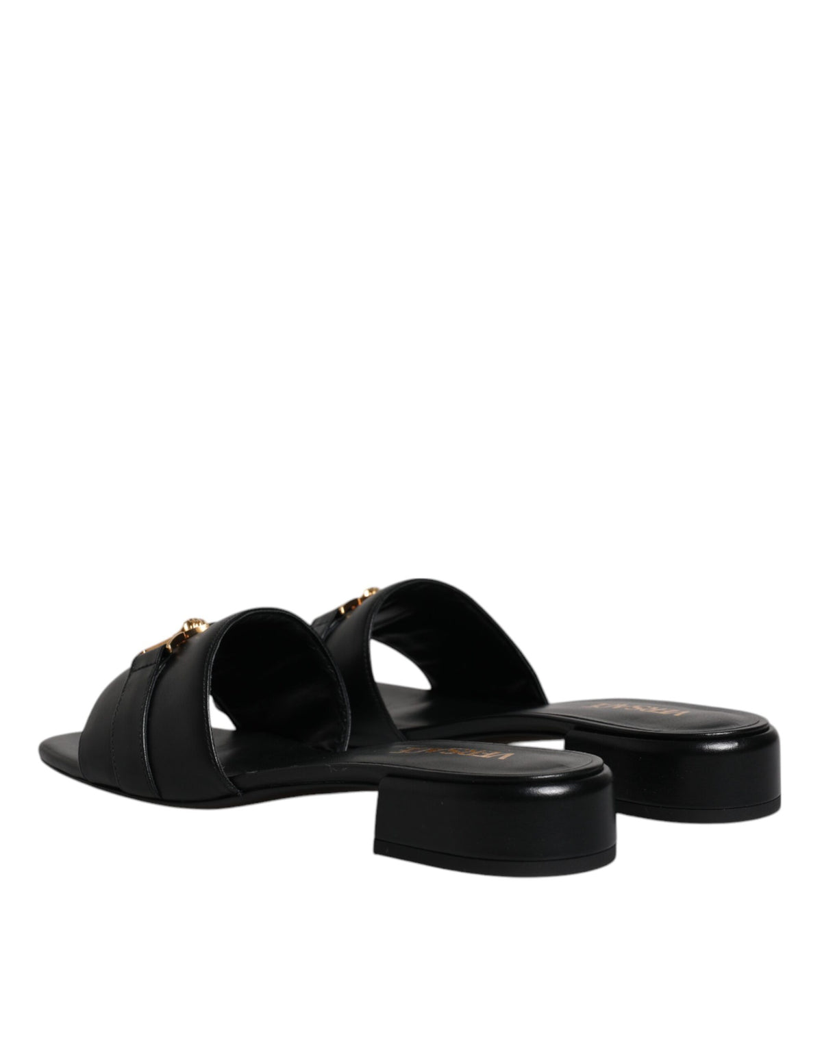 Versace Black Leather Logo Plaque Slip-On Slides Flats Shoes