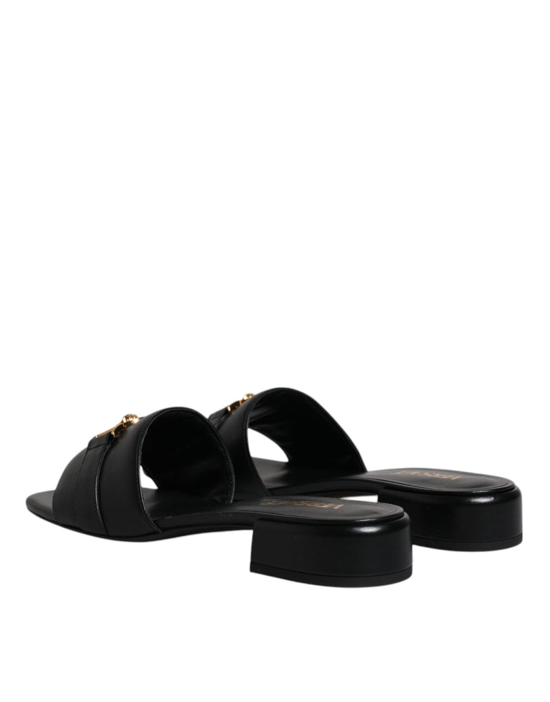 Versace Black Leather Logo Plaque Slip-On Slides Flats Shoes