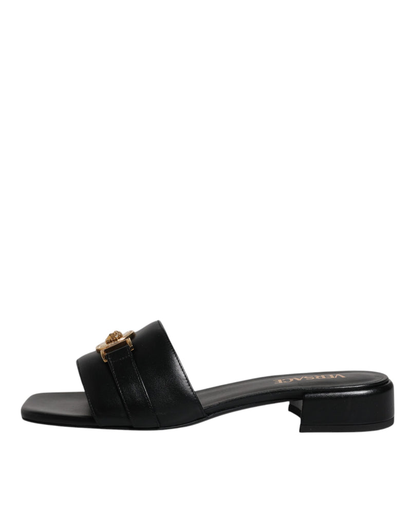 Versace Black Leather Logo Plaque Slip-On Slides Flats Shoes