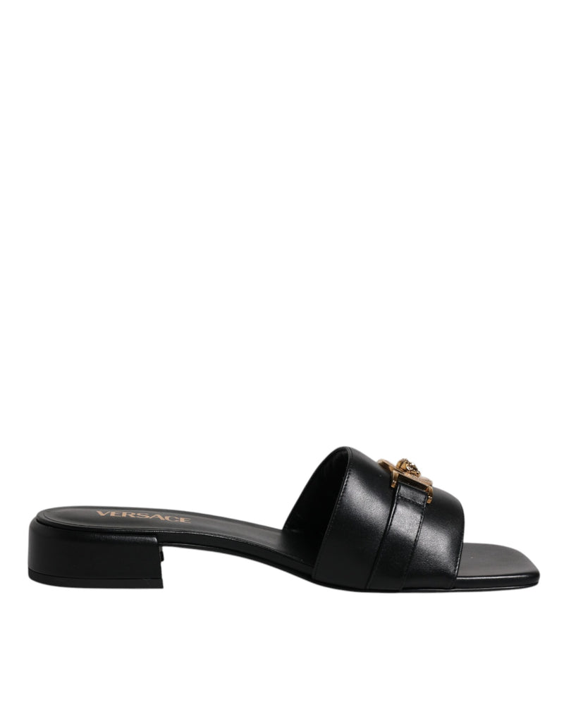 Versace Black Leather Logo Plaque Slip-On Slides Flats Shoes