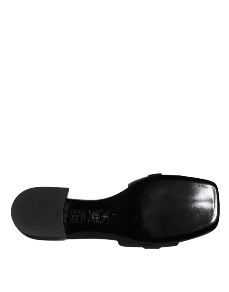 Versace Black Leather Logo Plaque Slip-On Slides Flats Shoes