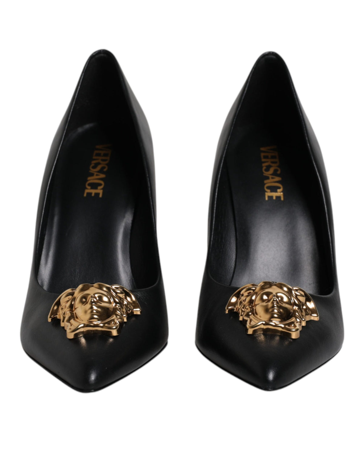 Versace Black Leather Logo Plaque High Heels Pumps