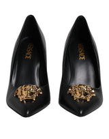 Versace Black Leather Logo Plaque High Heels Pumps