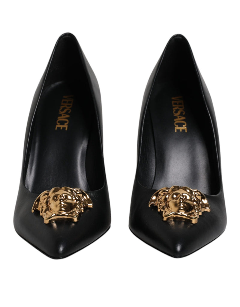 Versace Black Leather Logo Plaque High Heels Pumps