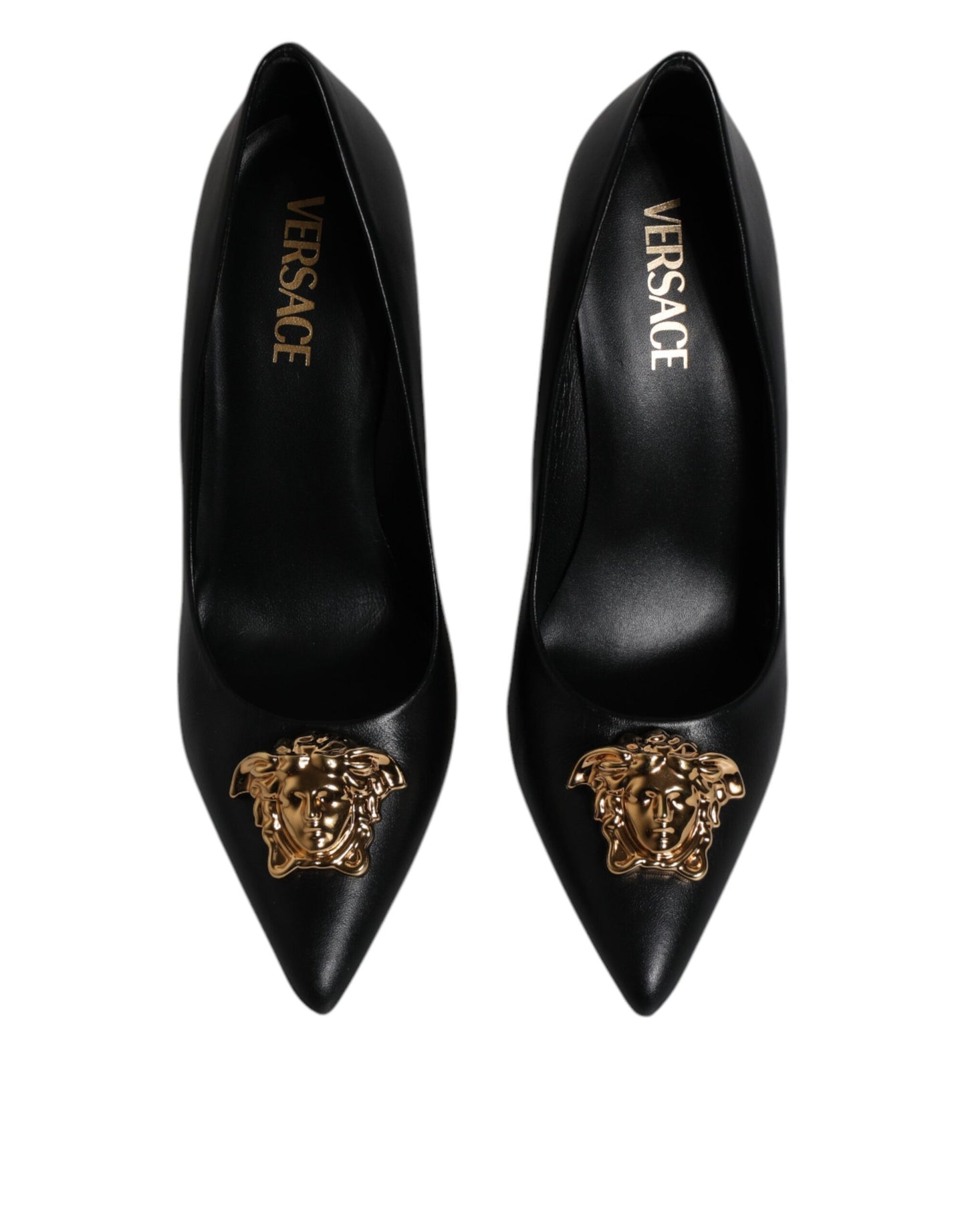 Versace Zwarte Lederen Pumps met Logo Plaque en Hoge Hakken