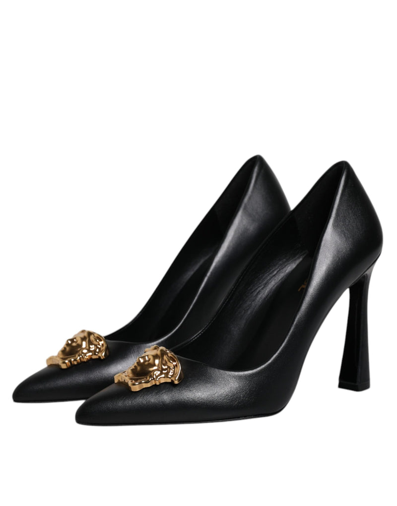 Versace Black Leather Logo Plaque High Heels Pumps