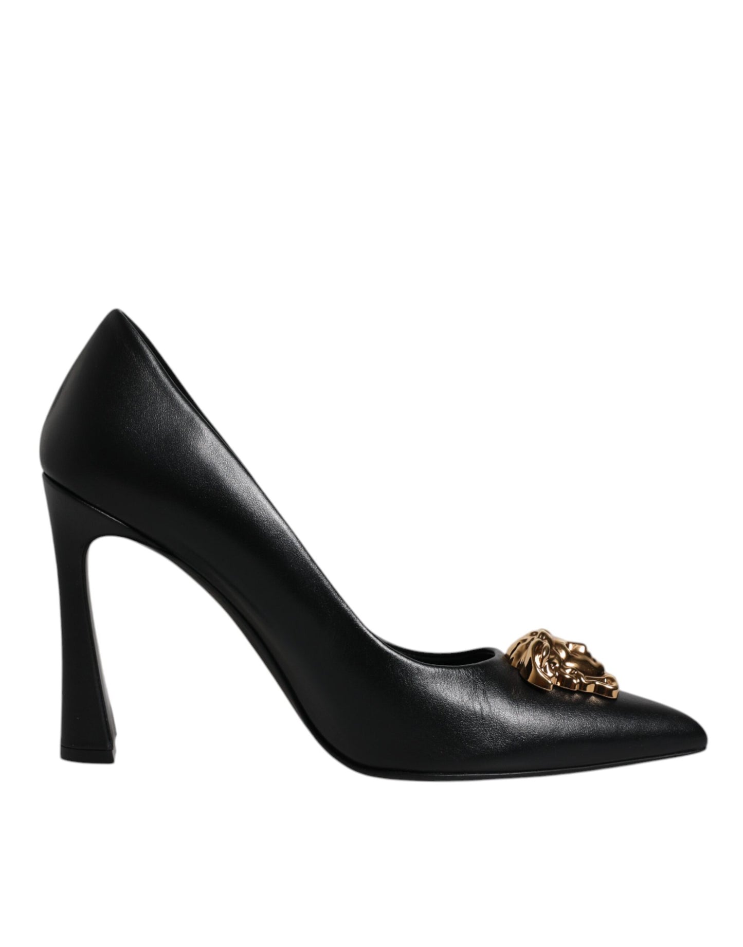 Versace Zwarte Lederen Pumps met Logo Plaque en Hoge Hakken